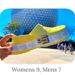 Disney Parks x Crocs 2021 Retro classic style sandals, yellow, womens 9, mens 7